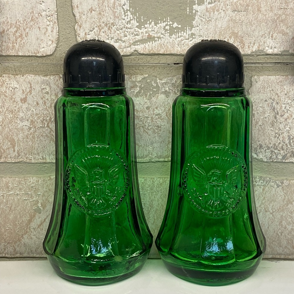 Vintage 1966 Crownford China Green Glass Salt and Pepper made in Italy